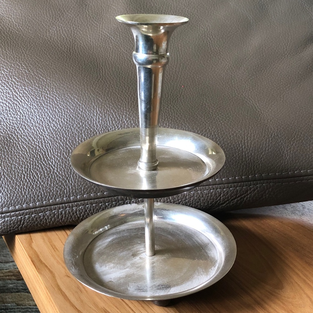 Silver Two-Tier Metal Serving Stand with Candleholder